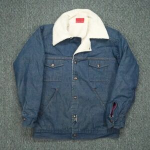 VINTAGE Dickies Jacket Mens 40R Blue Denim Sherpa Lined Button Heavyweight *
